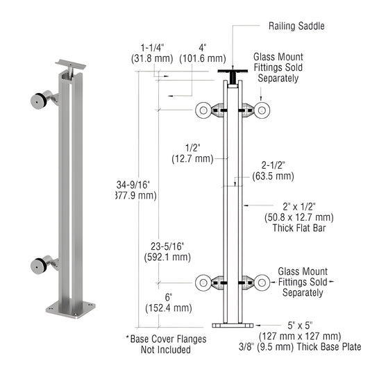 Stainless steel surface-mounted post railing kit P8F36EBS with 5x5 in base plate, welded saddle, supports 1-1/4 to 1-1/2 in h