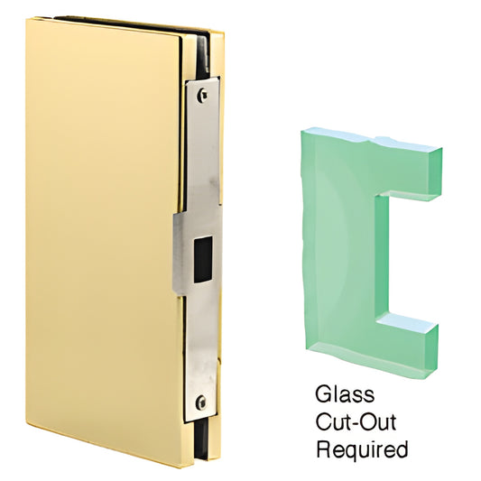 DLK410PB polished brass 4x10 center lock glass keeper for 1/2 in (12mm) tempered glass, shows required glass cutout