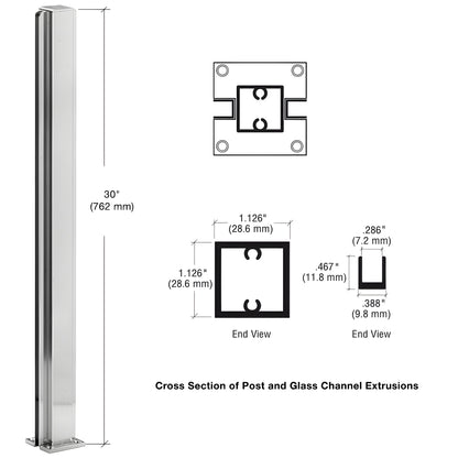Brite anodized aluminum 30 in. square center partition post for 1/4" glass with full-length glazing channels - SKU D990BA30C