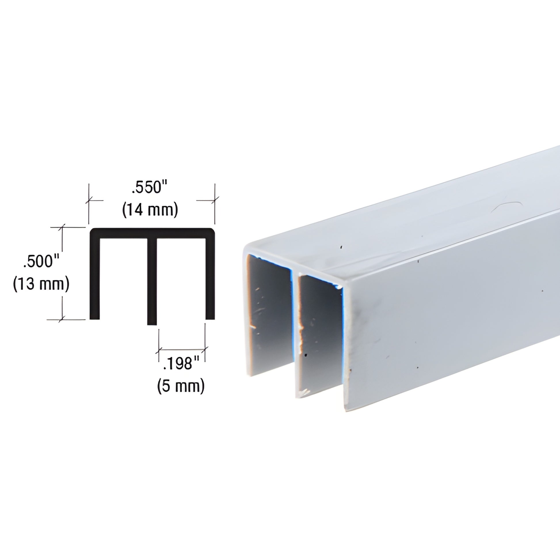 D718GRY gray PVC double-channel sliding panel track for 3mm (1/8 in) panels; 0.55 in width, 144 in length.