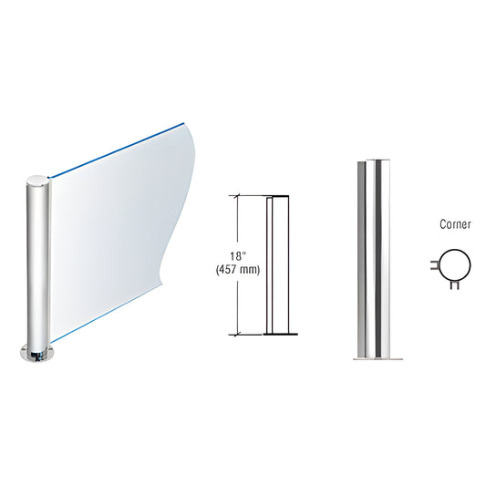 PP0818LPS: 18 in. polished stainless steel 1-1/2" round corner post with welded base and full-length U-channel for 1/4" glass