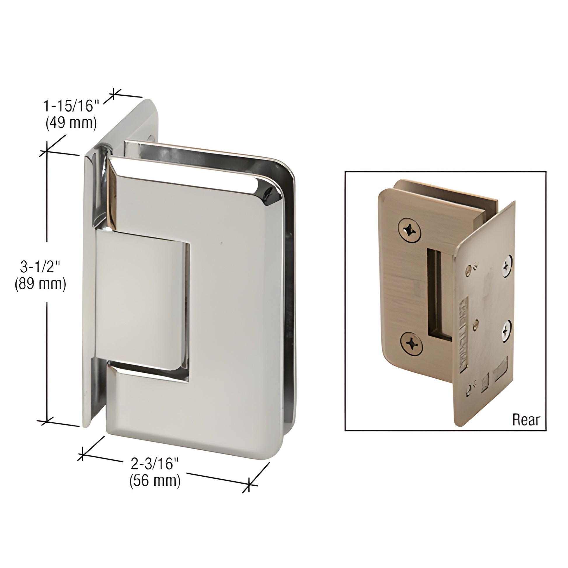 Polished nickel shower door hinge P1N044PN, solid brass, beveled edge, self centering, fits 8-12mm glass; dimensions shown.