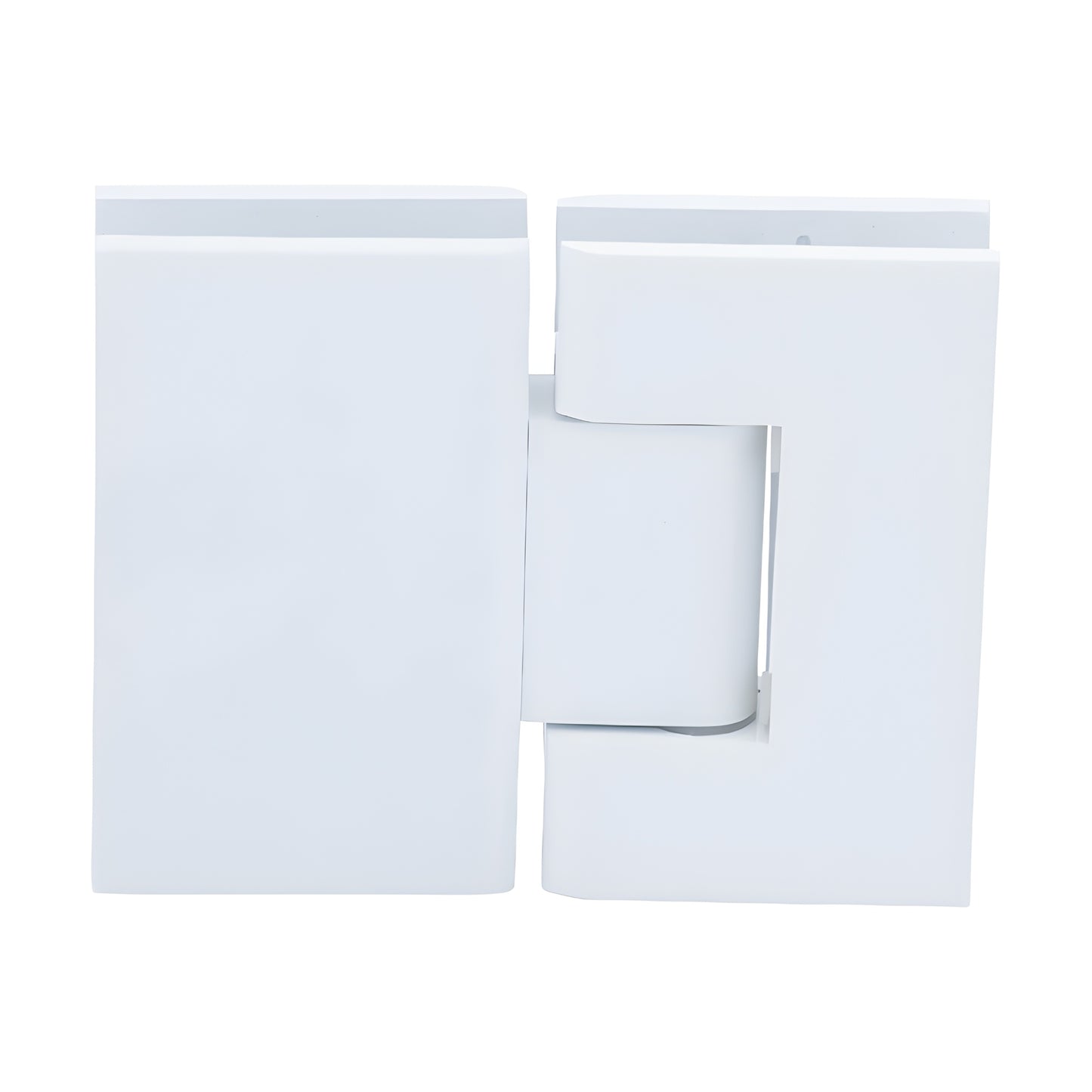 GEN180AW gloss-white Geneva glass-to-glass shower hinge, square profile, self-centering pivot for 8-12mm tempered glass.