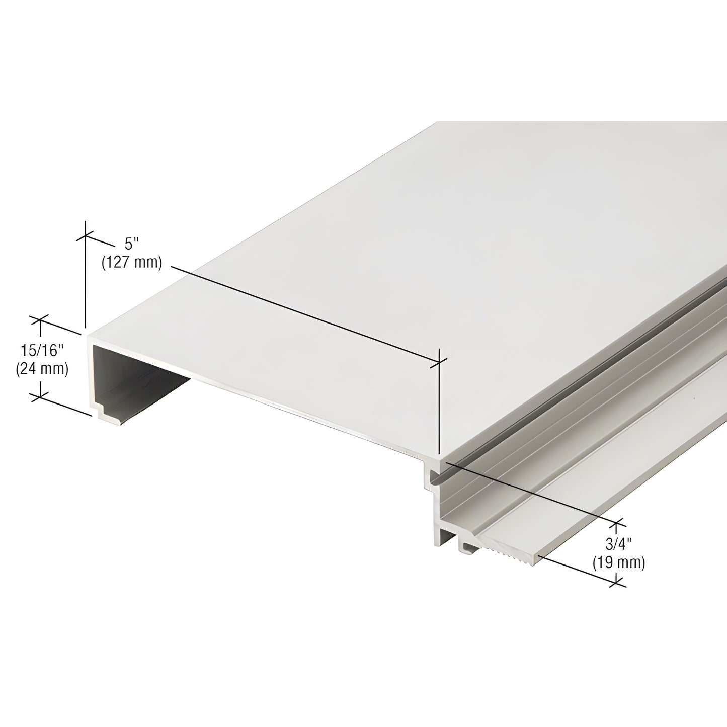 CW25911 clear anodized aluminum split mullion cover extrusion, 5" wide with 15/16" and 3/4" profile.