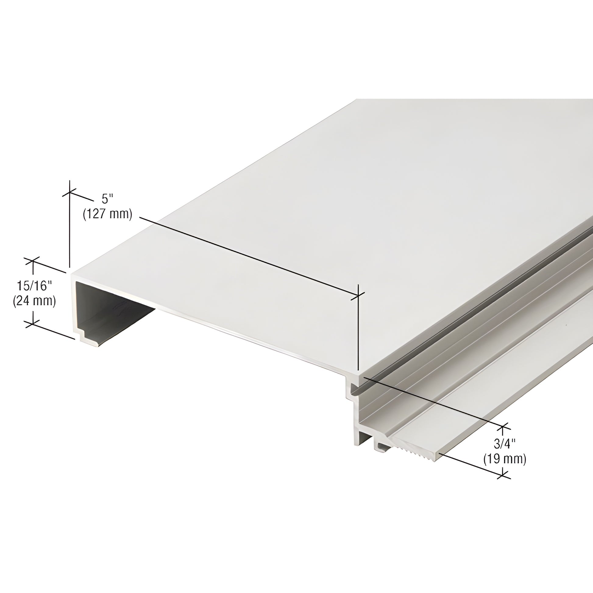 CW25911 clear anodized aluminum split mullion cover extrusion, 5" wide with 15/16" and 3/4" profile.