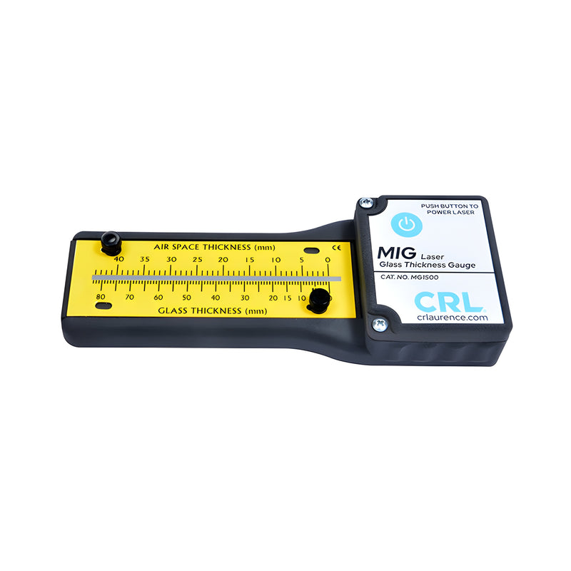 CRL MG1500MM handheld laser glass thickness meter with yellow metric scale and black housing, pocket-sized.
