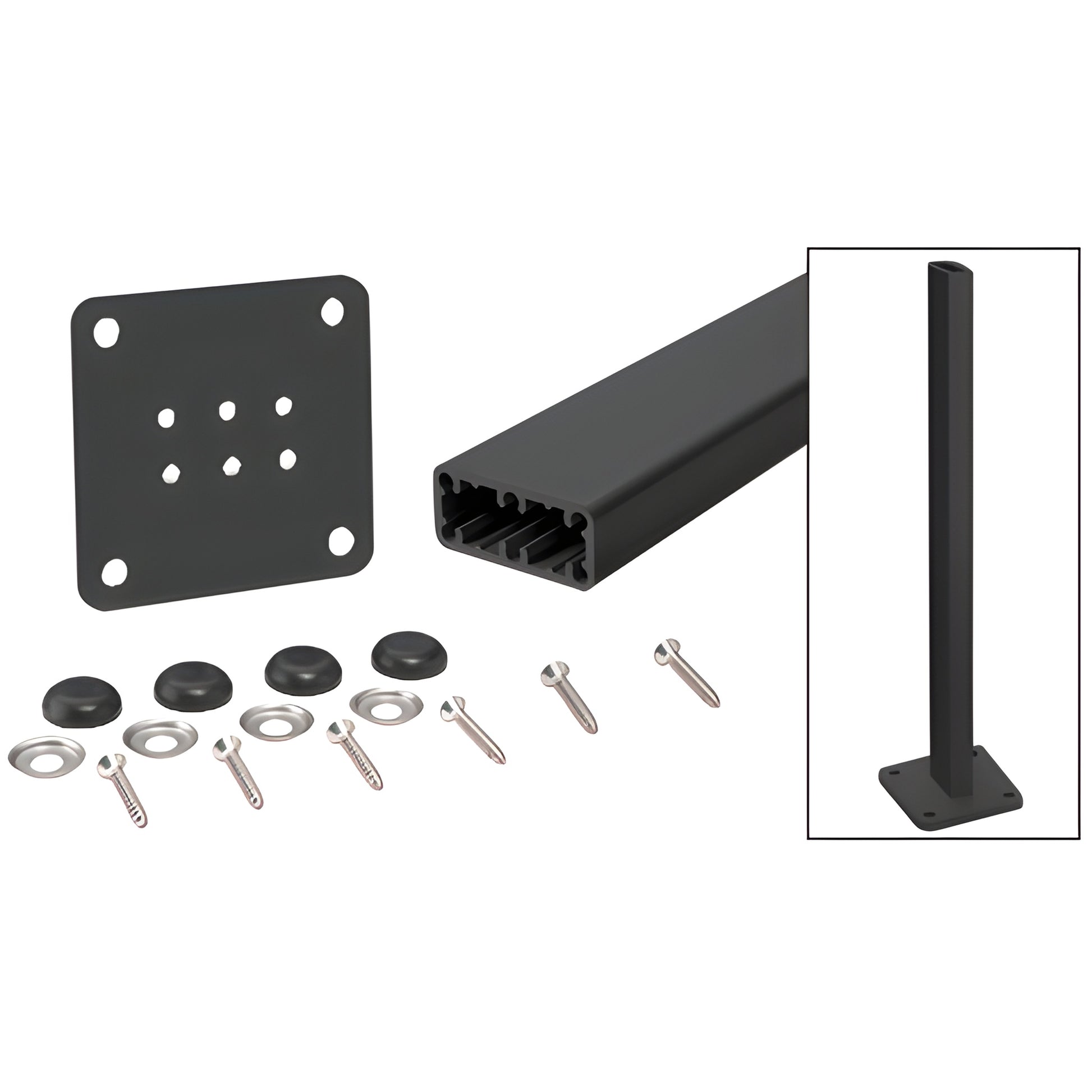 HPT36KBL matte black 36 in aluminum trim-line surface-mount post kit with base plate, screws, washers, bolt covers.