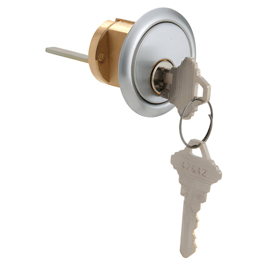 Satin chrome CRL rim key cylinder (DC7015SC8KASC) with brass tailpiece and two keys on ring