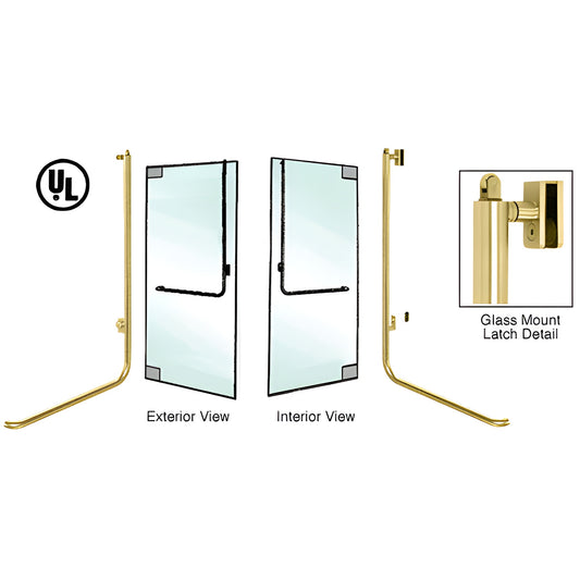 Satin brass tubular panic handle for 1/2" glass doors (PA100D4GKSB), top-latching with exterior access.
