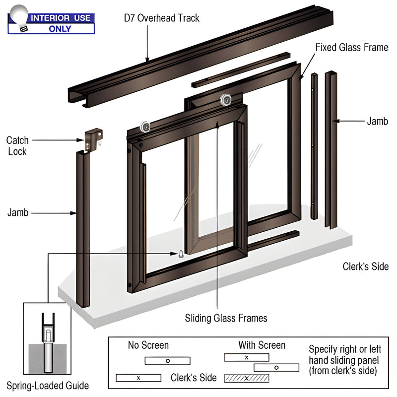 CRL Florence pass-thru window D1038DU - Duranodic bronze two-panel (one fixed, one sliding), D7 overhead track, interior use