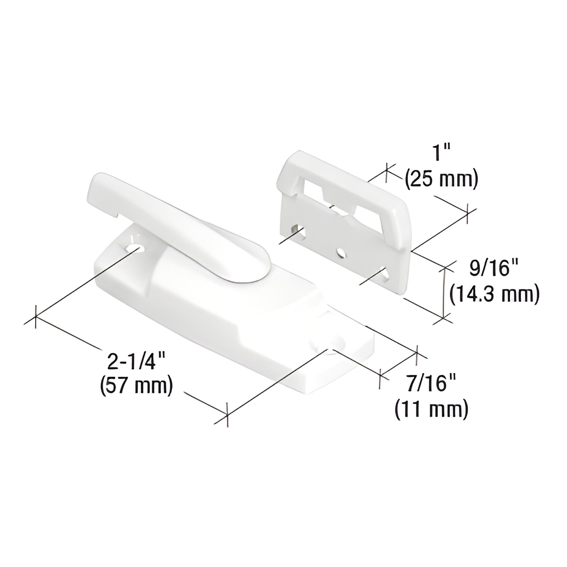 White diecast sash lock and keeper set (SKU F2767), cam-action window latch with screws, shown with key dimensions.
