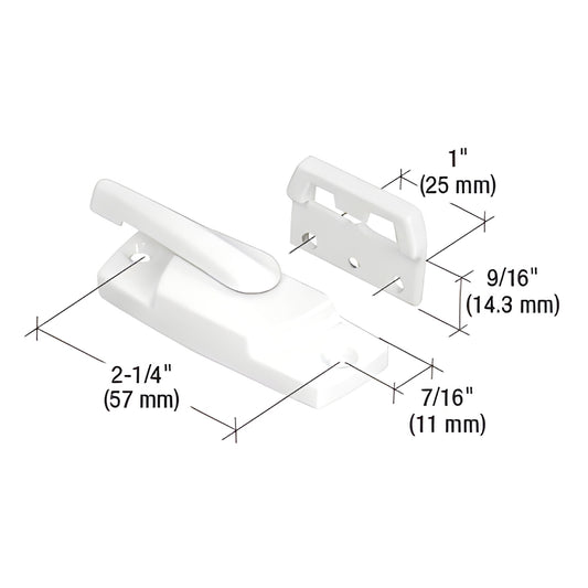 White diecast sash lock and keeper set (SKU F2767), cam-action window latch with screws, shown with key dimensions.
