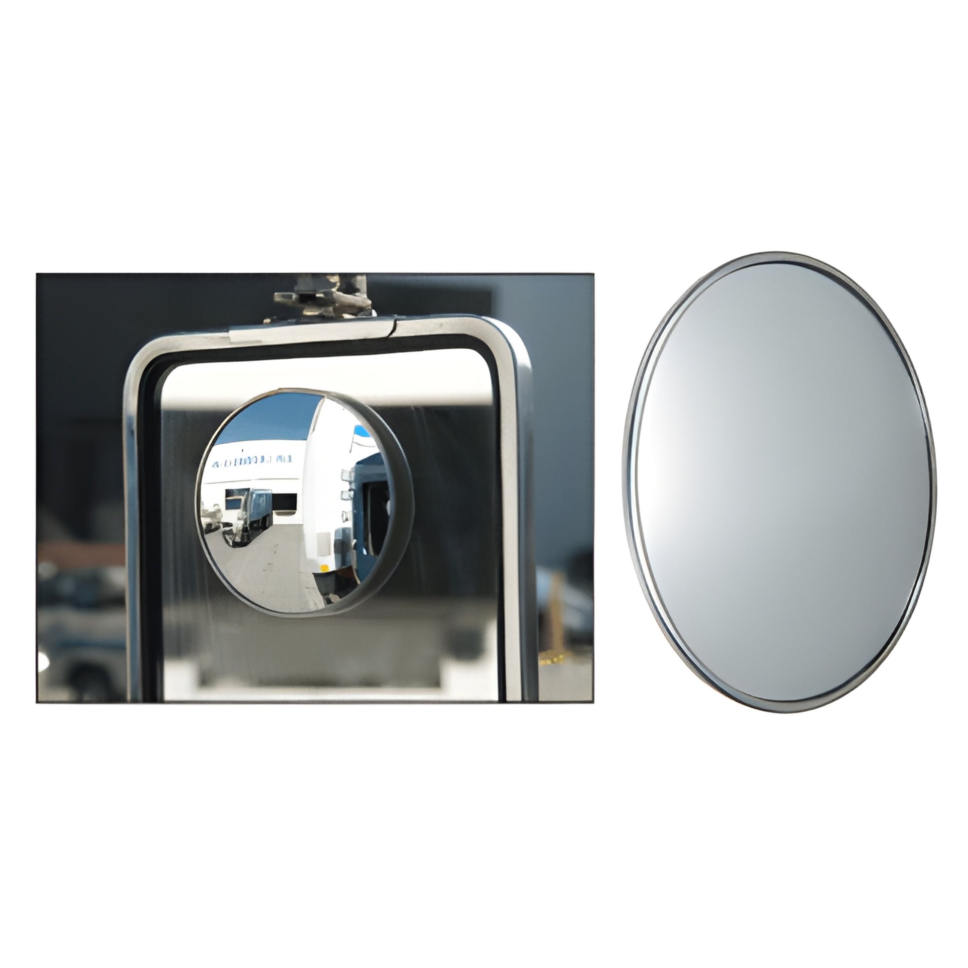 FS375 3-3/4 in stick-on convex safety mirror shown mounted on a truck side mirror and as a standalone disc