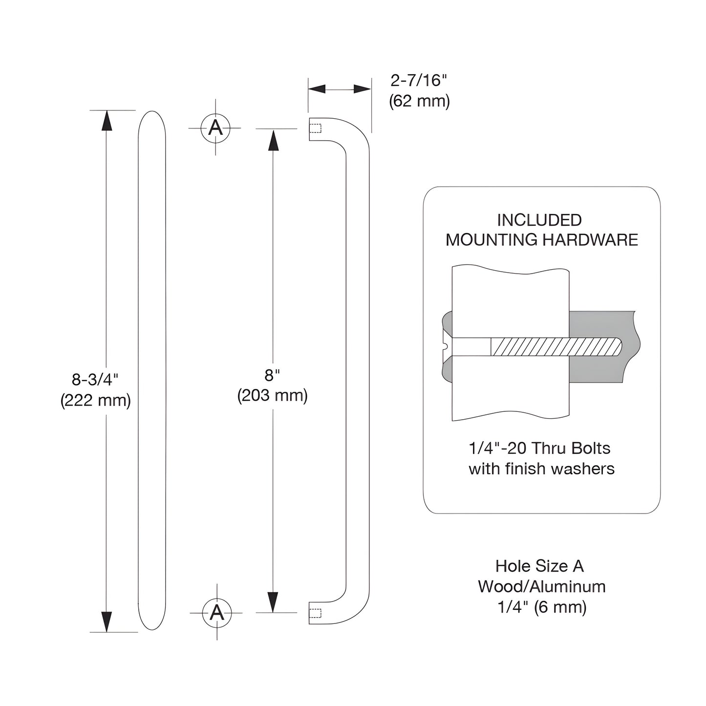 Polished brass 3/4" (19 mm) single-sided pull handle with thru-bolts, 8" center - SKU M16383