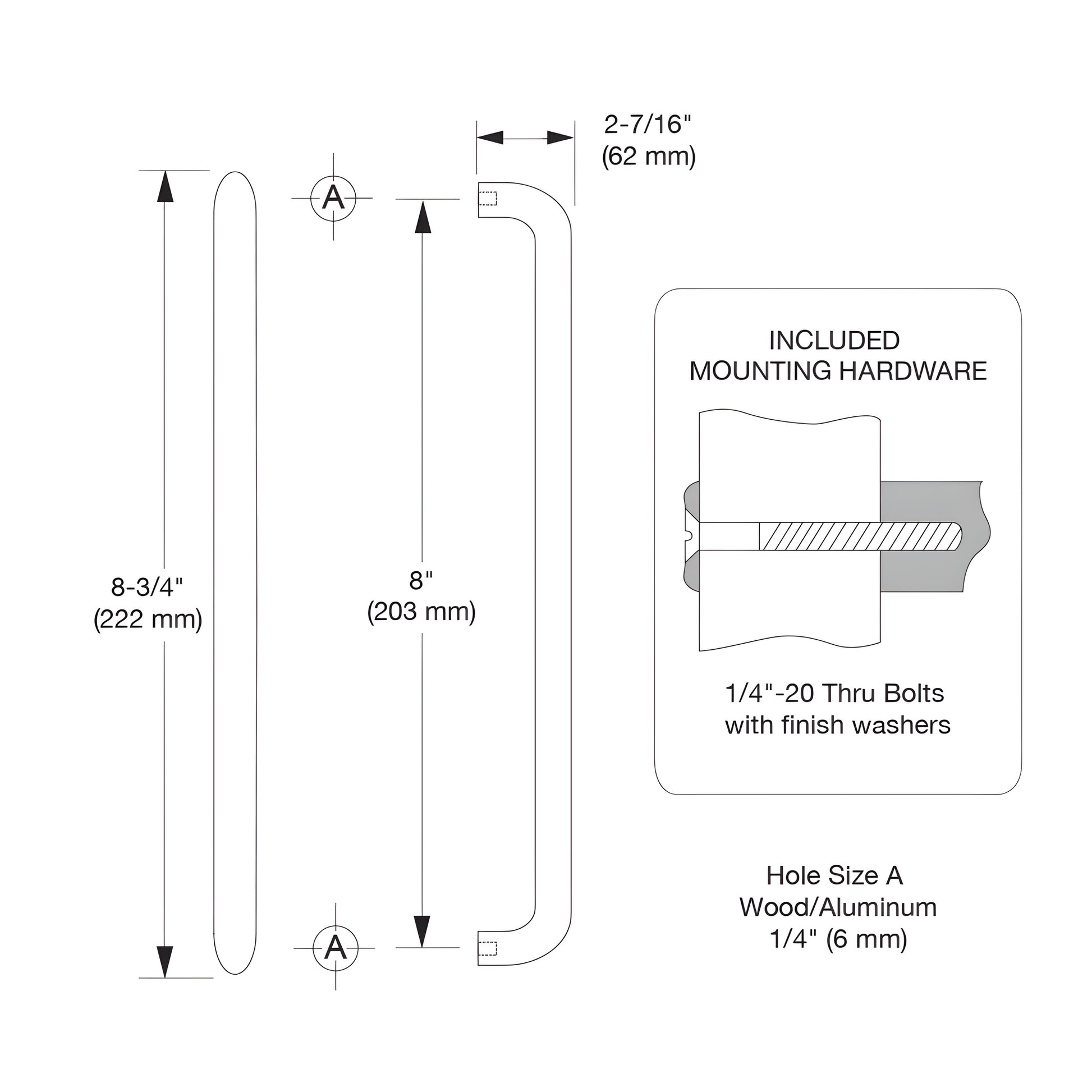 Polished brass 3/4" (19 mm) single-sided pull handle with thru-bolts, 8" center - SKU M16383