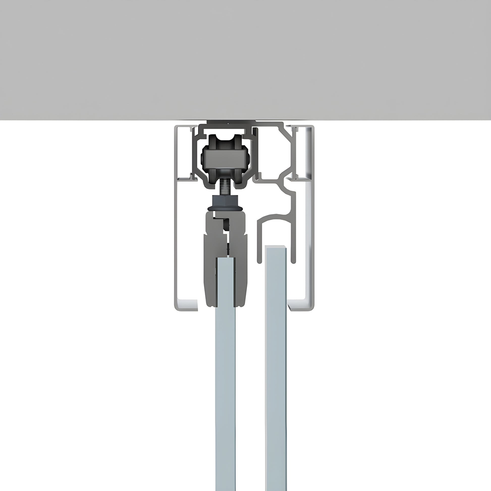 Satin-anodized ceiling-mounted CRL50 sliding glass door track and top-hung hardware with tempered glass panel