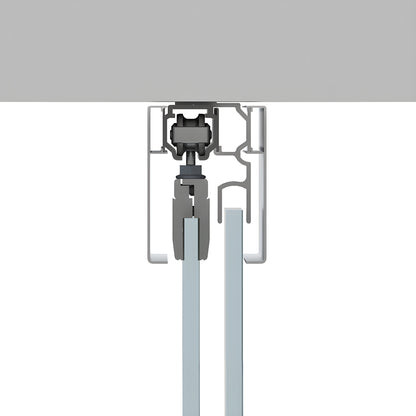 Satin-anodized ceiling-mounted CRL50 sliding glass door track and top-hung hardware with tempered glass panel