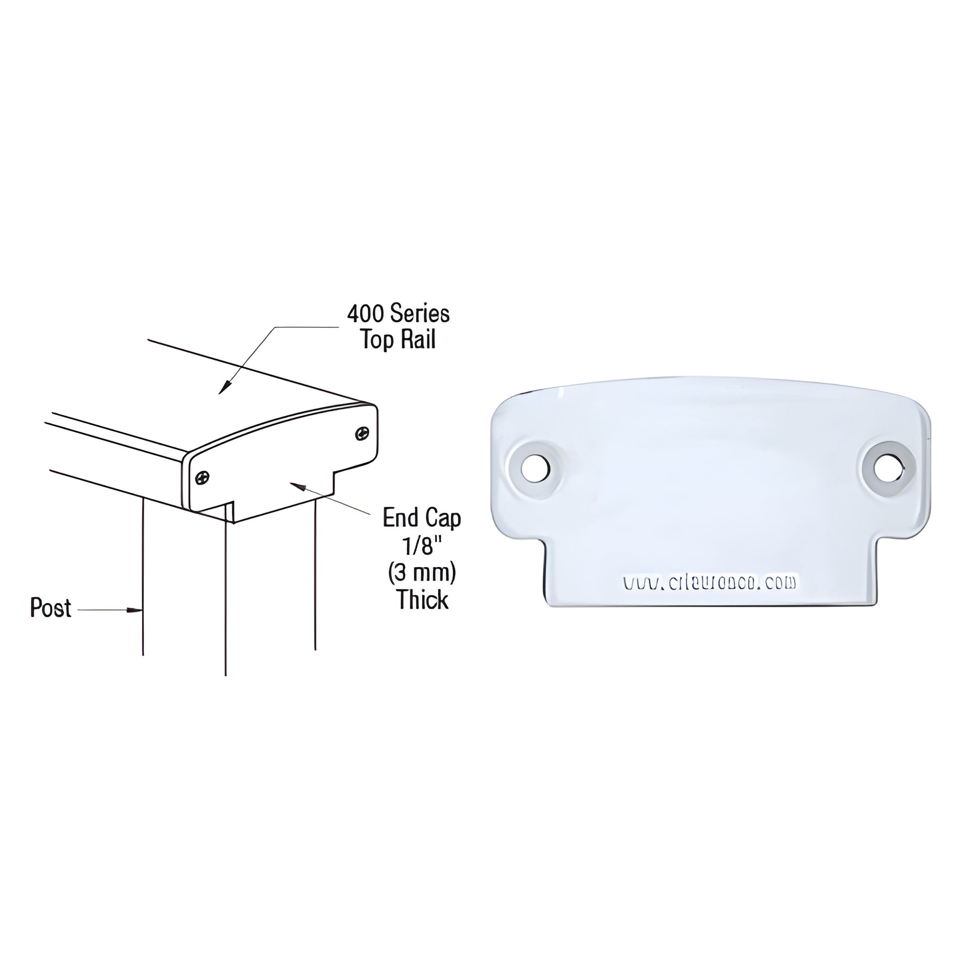 CRL 350 Series clear-anodized aluminum end cap (SKU 4DECCA), 1/8" thick, countersunk screw holes, fits top rail.