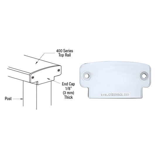 CRL 350 Series clear-anodized aluminum end cap (SKU 4DECCA), 1/8" thick, countersunk screw holes, fits top rail.