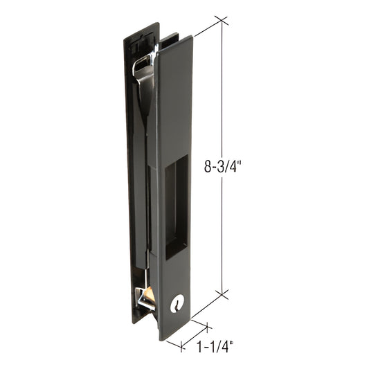 Black Adams Rite mortise-style recessed sliding door handle set AR44310, plastic, keyed option, 8-3/4 in x 1-1/4 in