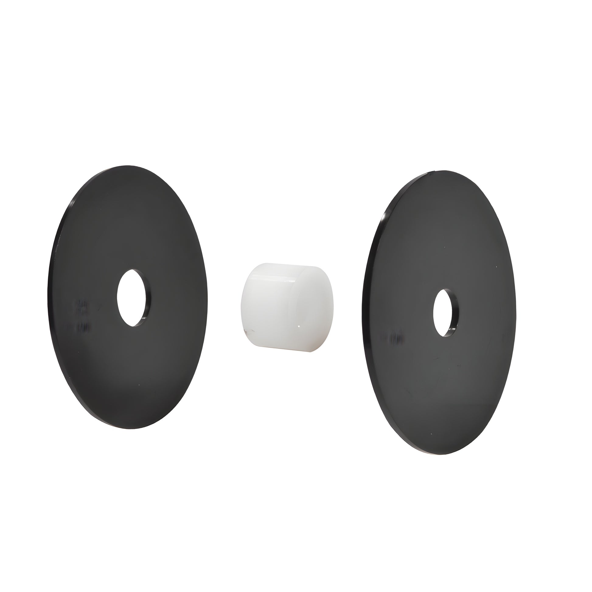 RS0BRG2 gasket set: two black 60mm plastic washers and one white soft-plastic grommet for standoff railing.