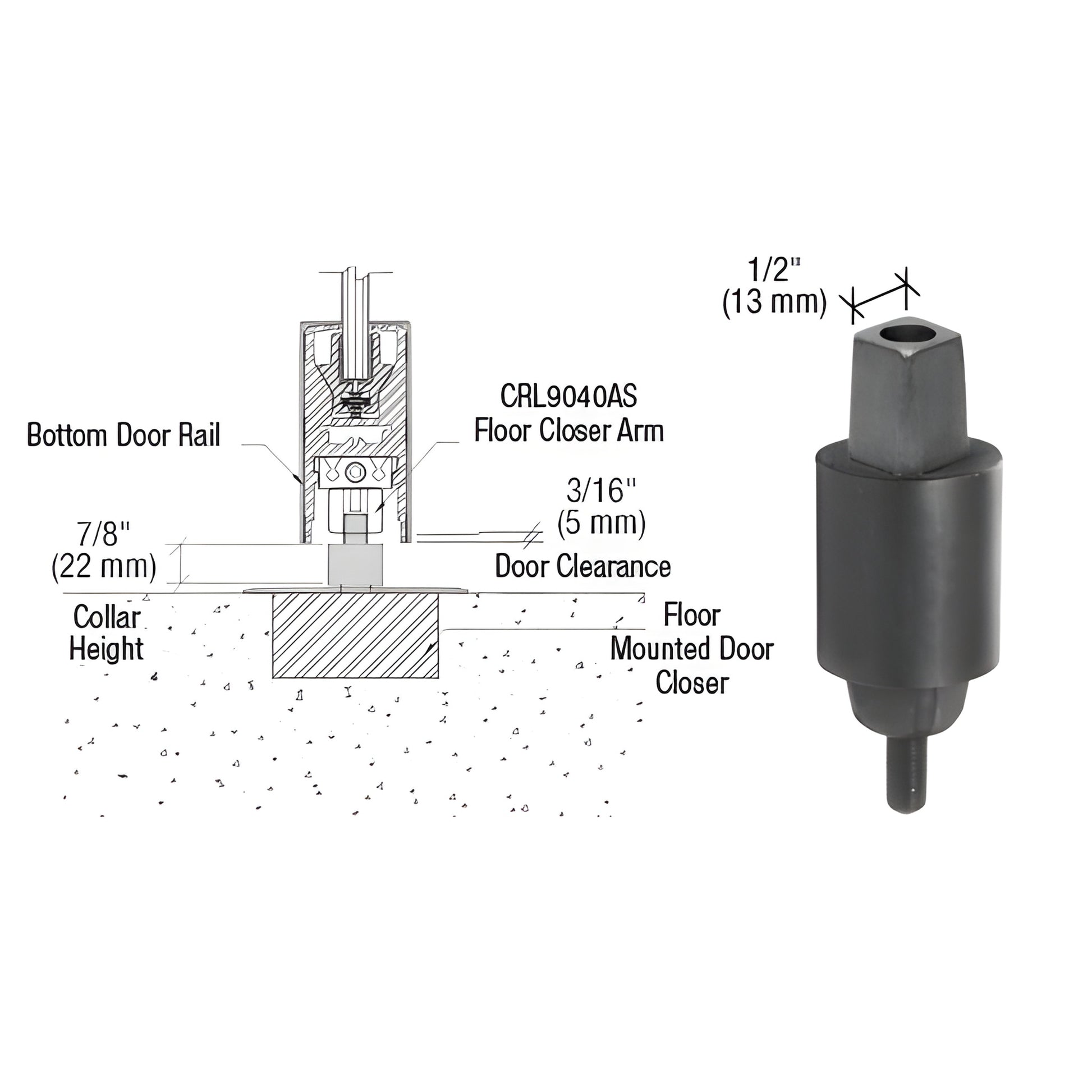 CRL9050S23 MAB aluminum tapered spindle, 7/8" collar height, for floor-mounted door closers, shown with installation diagram.