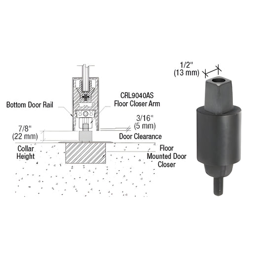 CRL9050S23 MAB aluminum tapered spindle, 7/8" collar height, for floor-mounted door closers, shown with installation diagram.