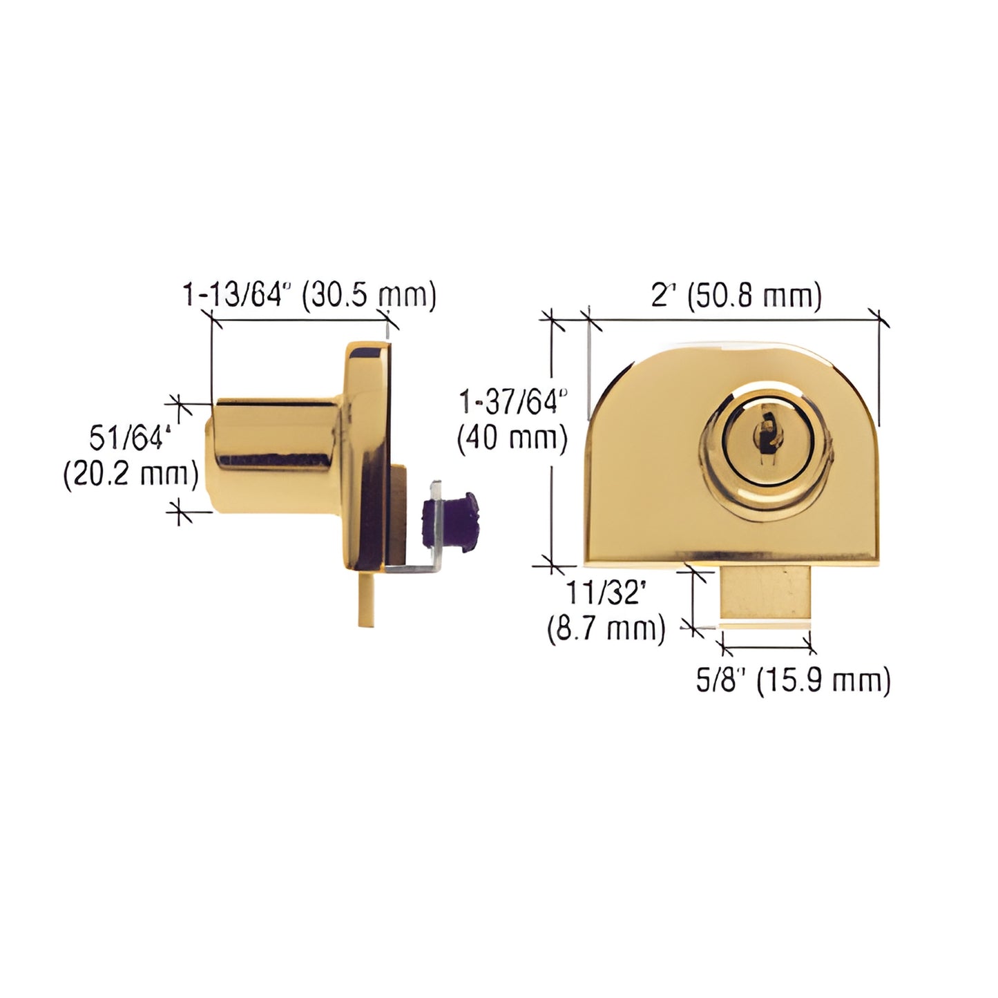 EH216 polished brass no-drill lock for double glass doors, surface-mount, includes strike plate and keys; dimensions shown.
