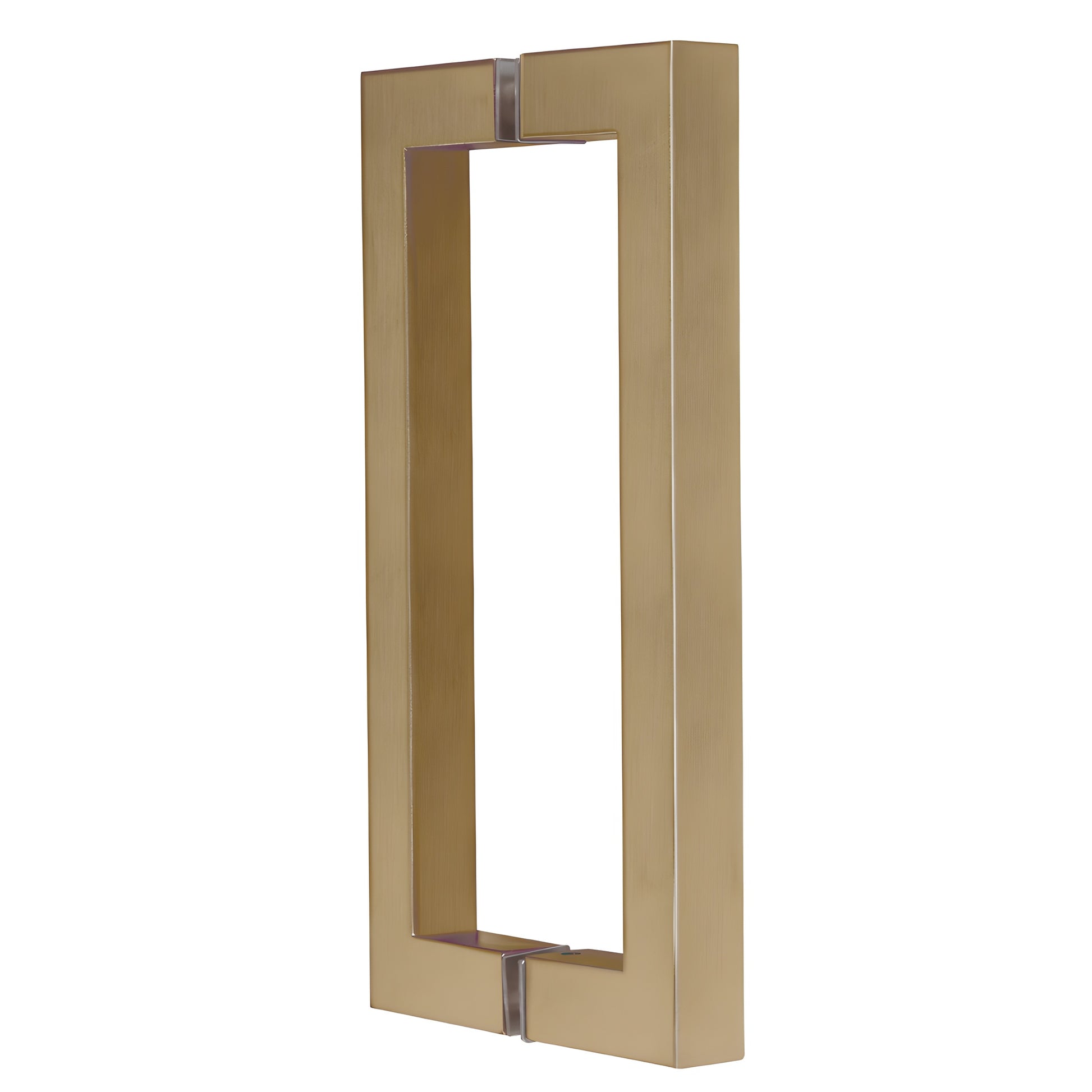 Brushed bronze square corner rectangular back to back door pull (brass), fits 1/4-1/2" glass, SKU SQ8X8BBRZ
