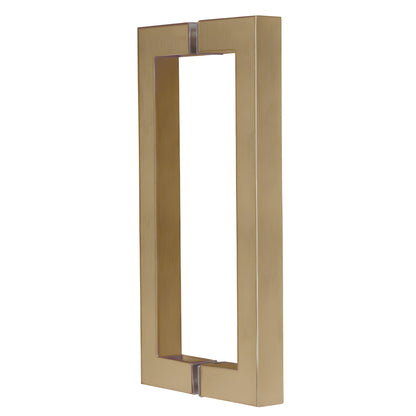 Brushed bronze square corner rectangular back to back door pull (brass), fits 1/4-1/2" glass, SKU SQ8X8BBRZ