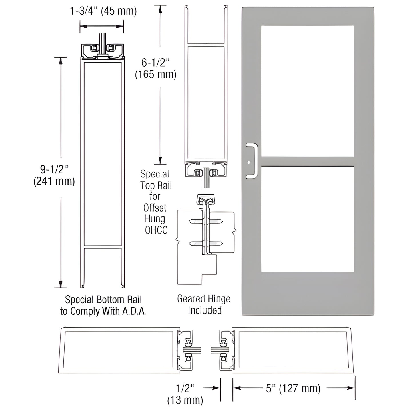 CZ51911 clear anodized wide-stile commercial entrance door, 5" stiles, 9-1/2" ADA bottom rail, geared hinge, glass panels