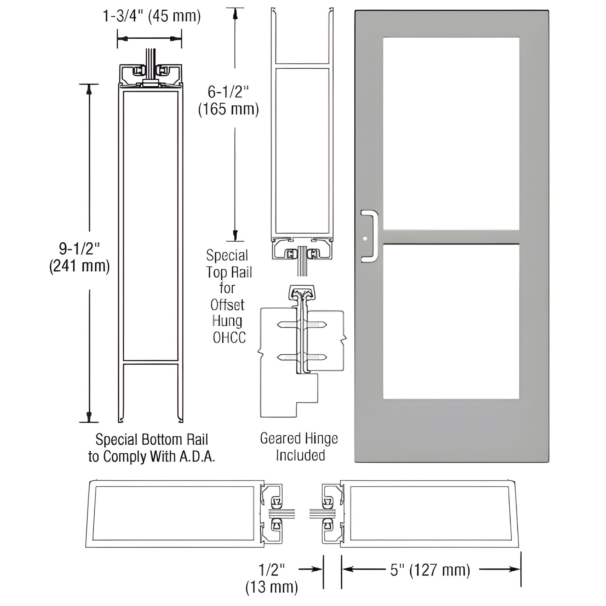 CZ51911 clear anodized wide-stile commercial entrance door, 5" stiles, 9-1/2" ADA bottom rail, geared hinge, glass panels