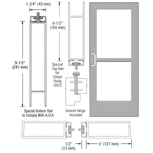 CZ51911 clear anodized wide-stile commercial entrance door, 5" stiles, 9-1/2" ADA bottom rail, geared hinge, glass panels