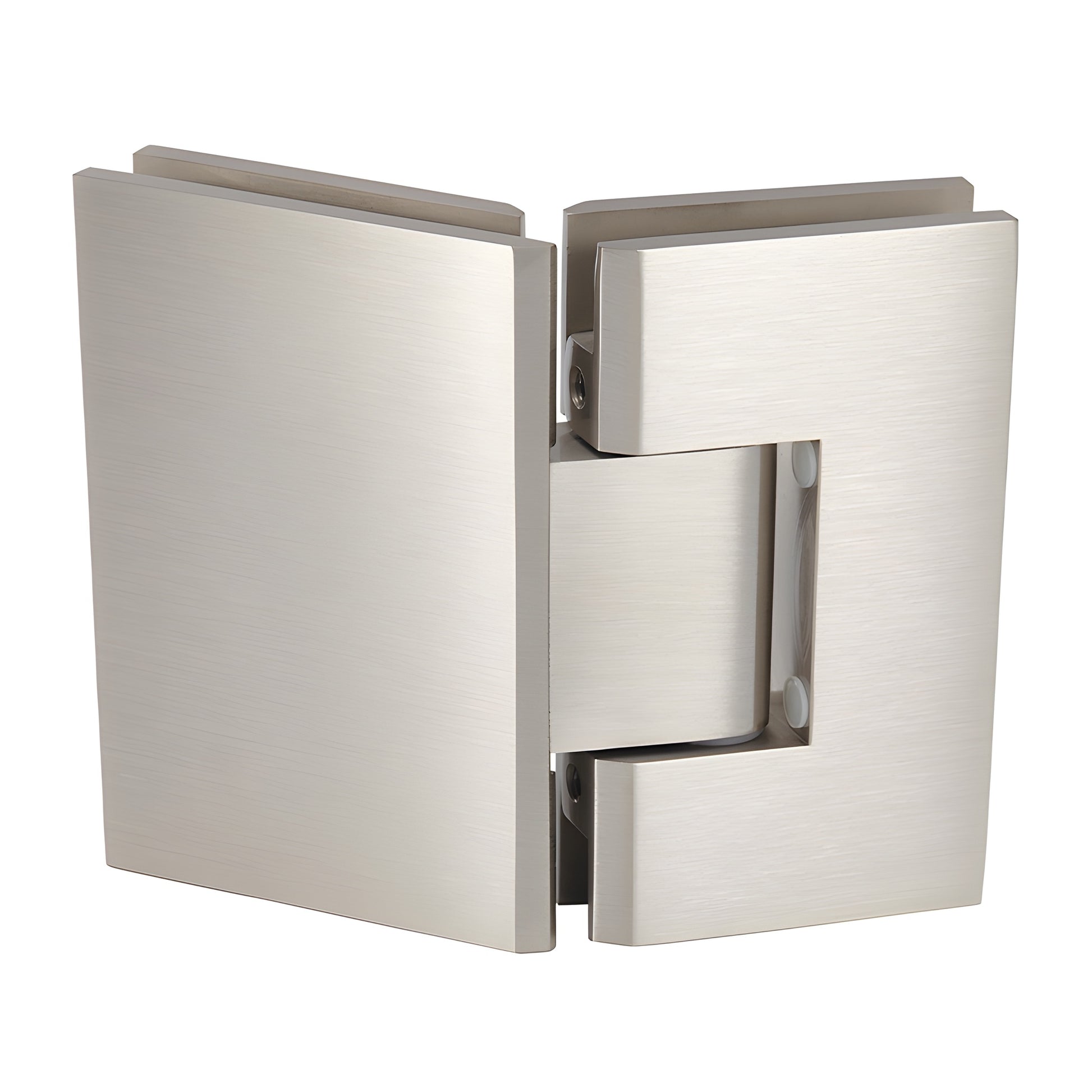 Brushed nickel Geneva glass-to-glass shower hinge (GEN045BN), solid brass, 135 self-centering, fits 8-12 mm tempered glass.