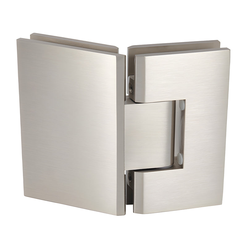 Brushed nickel Geneva glass-to-glass shower hinge (GEN045BN), solid brass, 135 self-centering, fits 8-12 mm tempered glass.