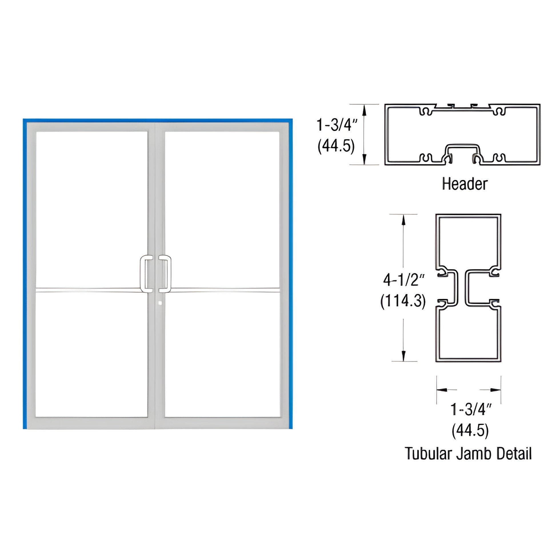 Double glass gear-hinge door frame (72 84) in custom Kynar with pull handles; header and tubular jamb profile diagrams.