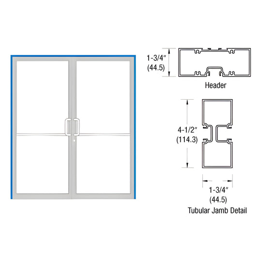 Double glass gear-hinge door frame (72 84) in custom Kynar with pull handles; header and tubular jamb profile diagrams.