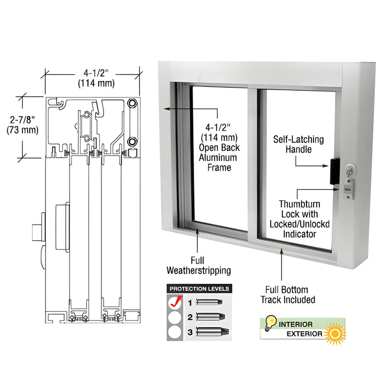Level 1 bullet-resistant satin anodized aluminum sliding service window with 3/4" polycarbonate and self-latching handle.