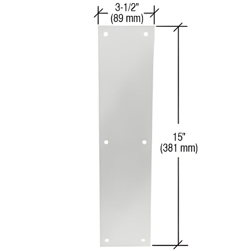Clear anodized 18-gauge metal push plate 3-1/2 x 15 in, pre-drilled with four mounting holes - SKU M60328