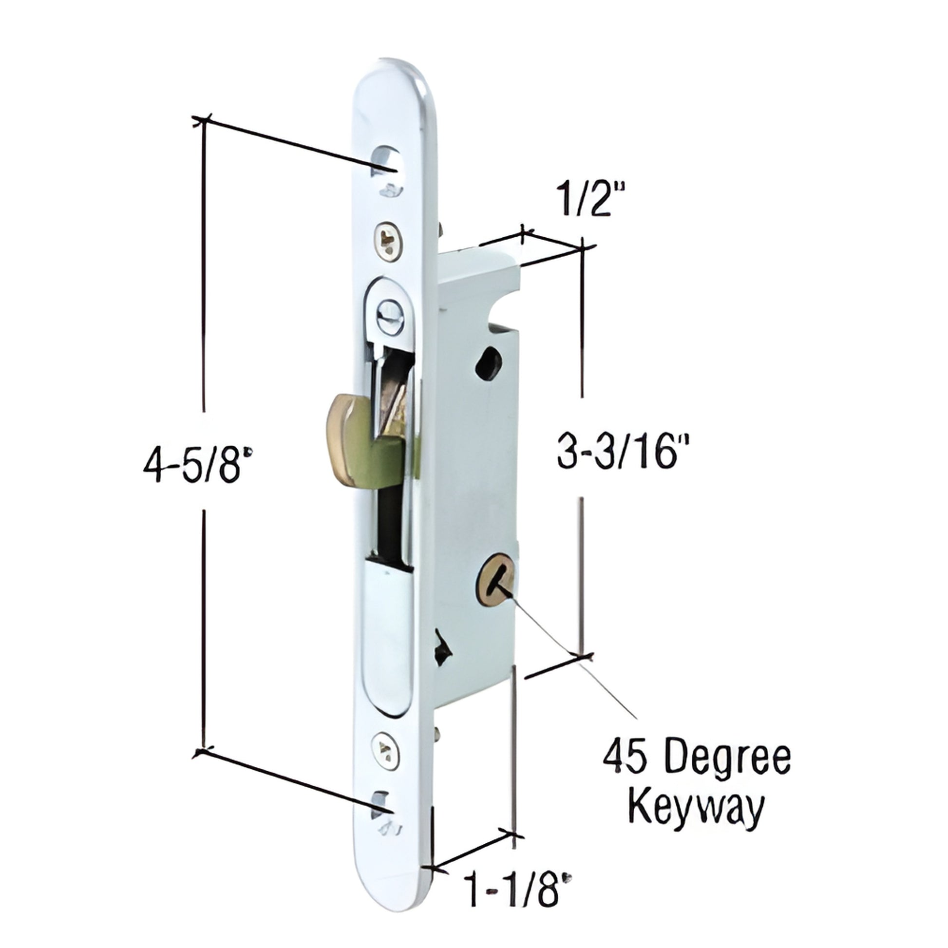 E2164 steel mortise hook lock with 45 keyway, 1/2" body, 3-3/16" length and 4-5/8" screw spacing.