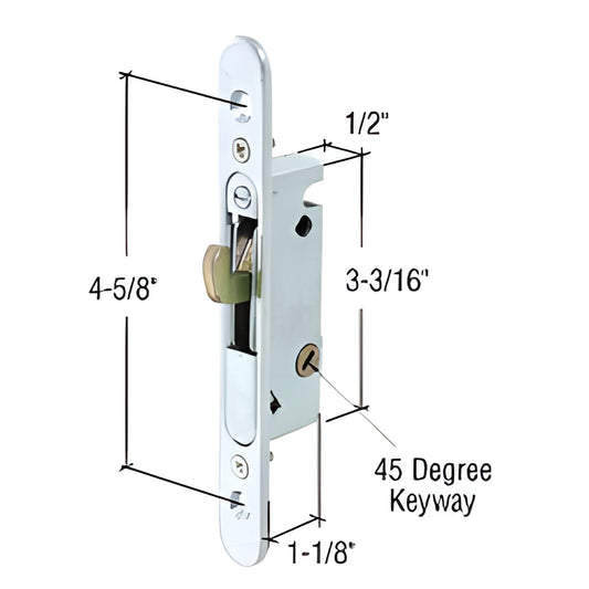 E2164 steel mortise hook lock with 45 keyway, 1/2" body, 3-3/16" length and 4-5/8" screw spacing.