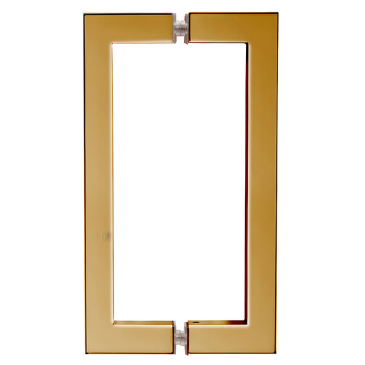 SQ8X8BR polished brass square-corner tubular glass pull handle, 8 in center-to-center, back-to-back for shower doors