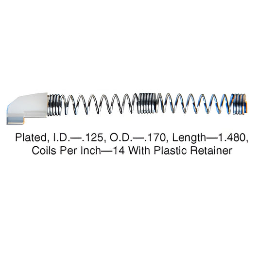 Plated steel slide-bolt spring with plastic retainer, 1.48in long, .125in ID, 14 coils/in - SKU 3366K