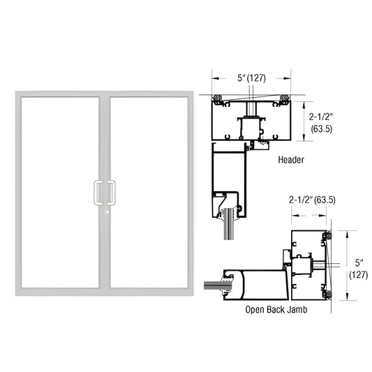 White Kynar custom double up/over impact door frame (SKU 0F42552) with center handles and technical cross-section diagrams.