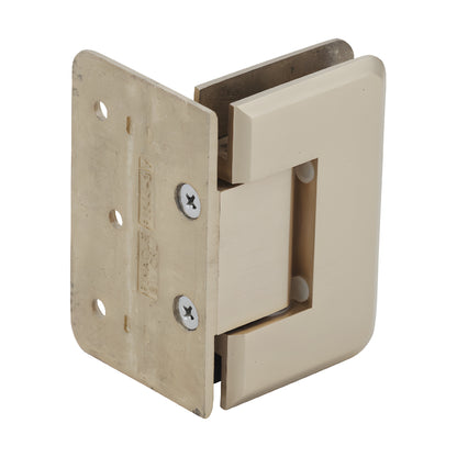 CRL Pinnacle satin brass offset wall-mount glass shower hinge, beveled edge, for 8-12mm tempered glass (SKU P1N044SB)