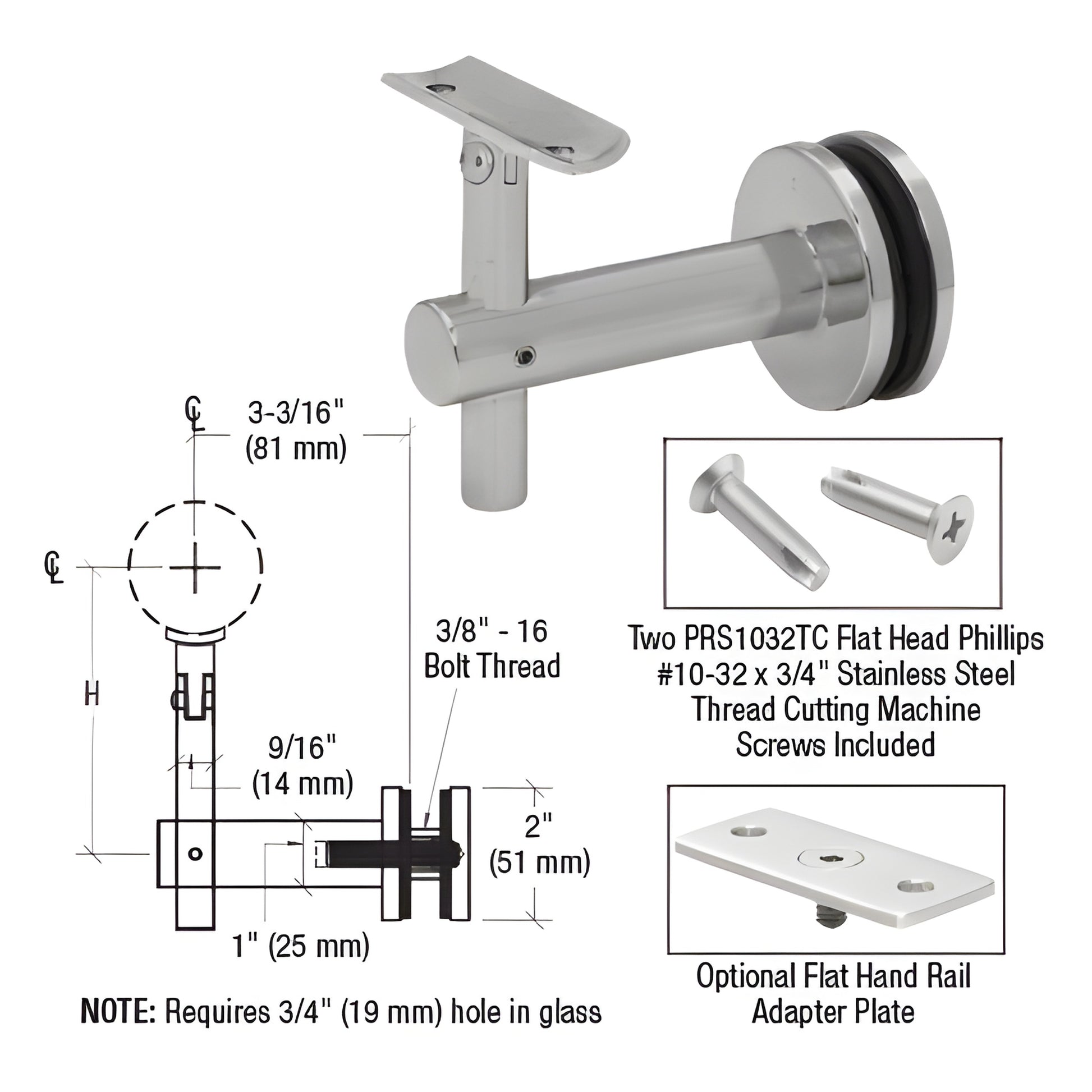 HR2JGBS brushed 316 stainless glass-mounted adjustable handrail bracket for 1.5-2" rails, requires 3/4" hole in glass