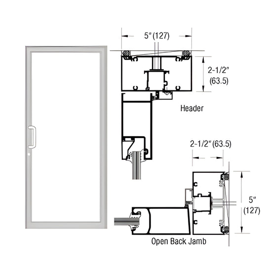 Clear anodized 2-1/2 x 5 in hurricane impact single up-over door frame drawing with threshold/jamb details SKU 0F41811