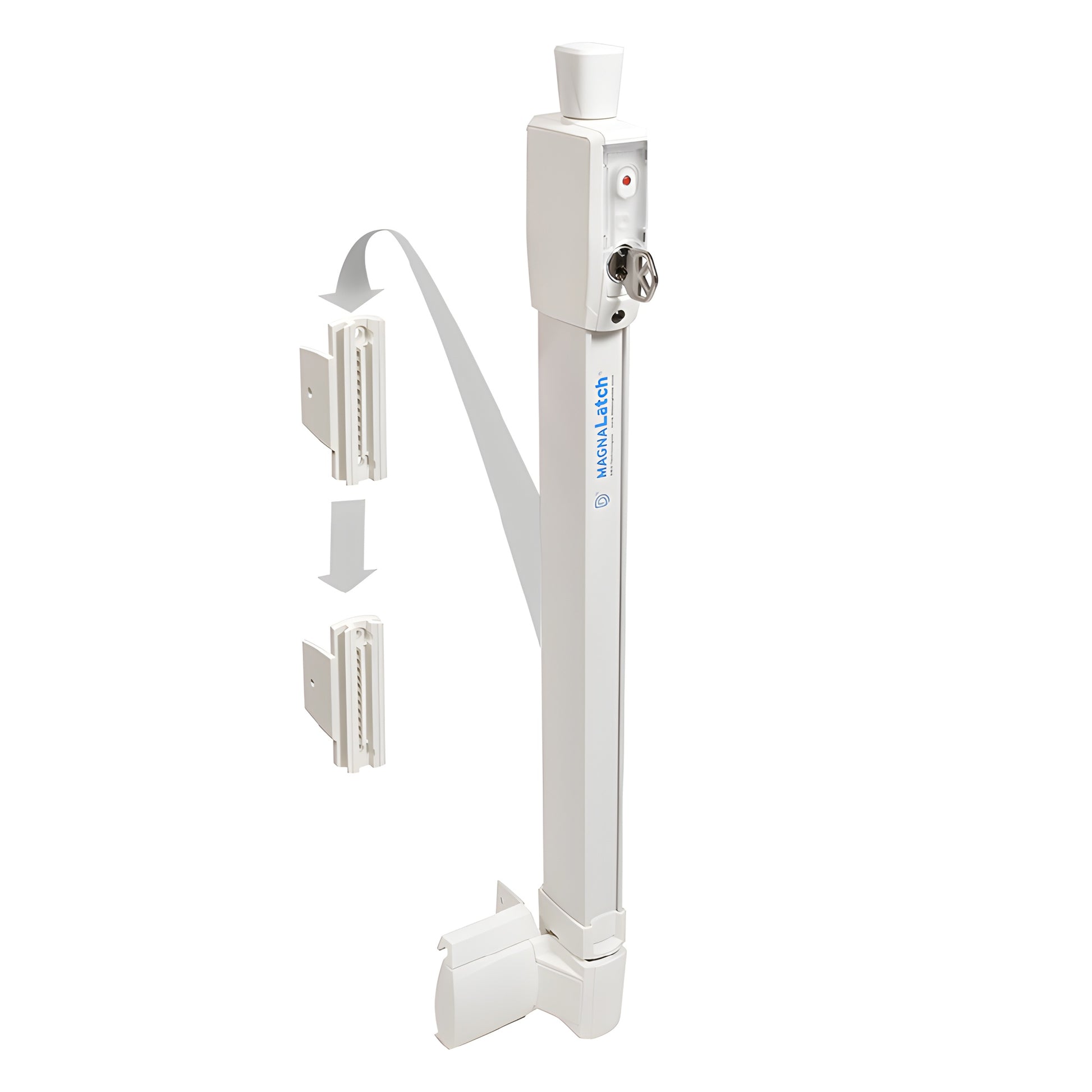 White CRL Magna-Latch Series 2 magnetic self-latching, key-lockable pool gate lock (SKU LL1MW) with adjustable post.