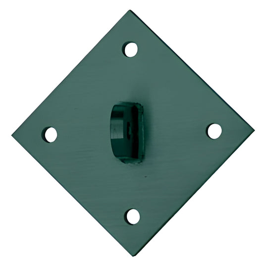 Powder-coated green diamond mounting plate with four corner bolt holes and central bracket for glass awnings, SKU AW9DMKN