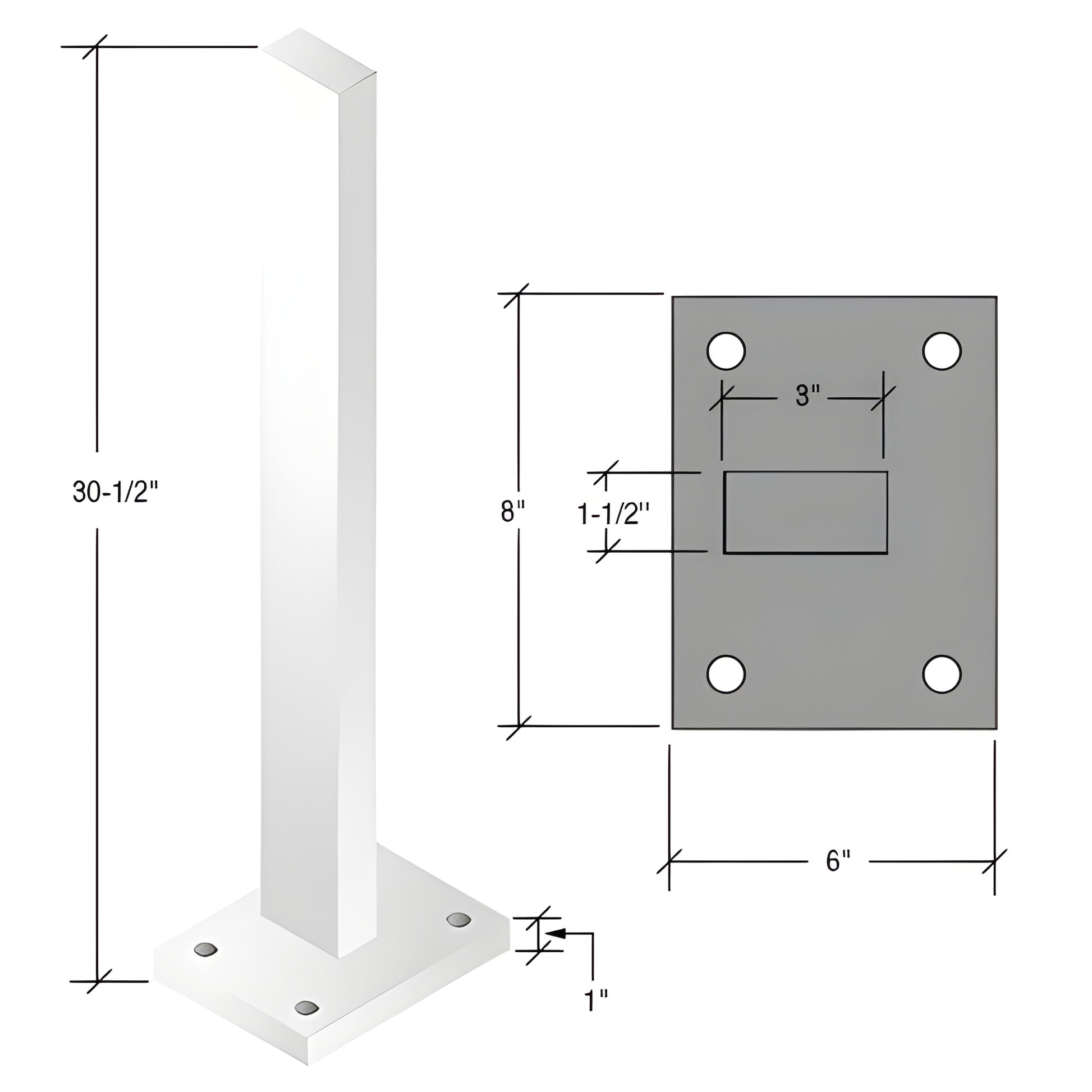 Cielo windscreens post SKU CS3W - white zinc plated steel 30 in. post with 8 6 1 in. base plate and bolt holes.